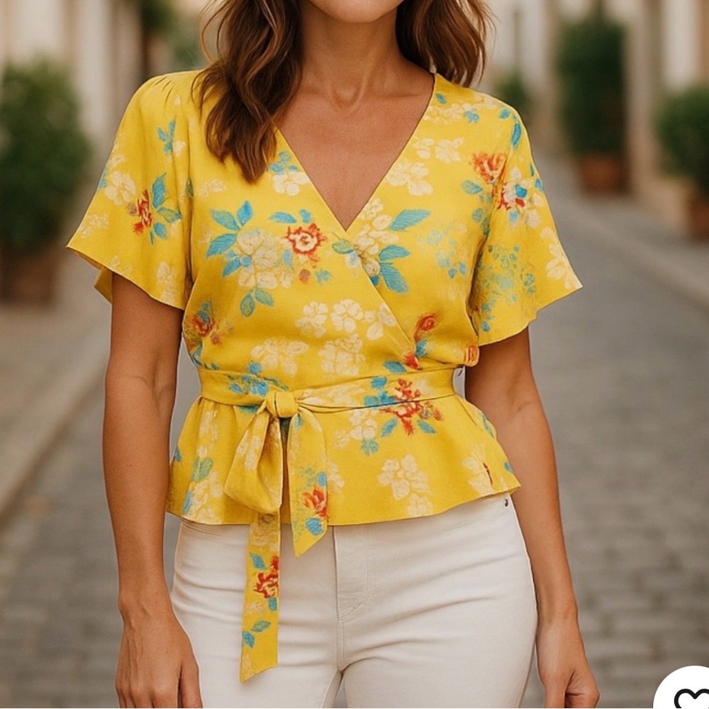 Yumi Kim That’s Wrap Yellow Floral Wrap Blouse - size S 100% silk